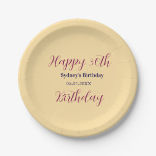 Pastel orange happy 30th birthday name date purple paper plate