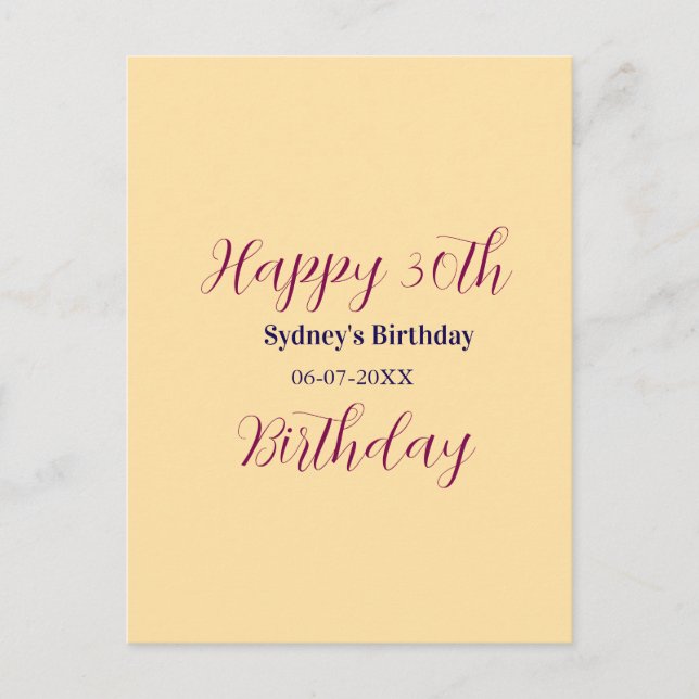 Pastel orange happy 30th birthday name date purple postcard (Front)