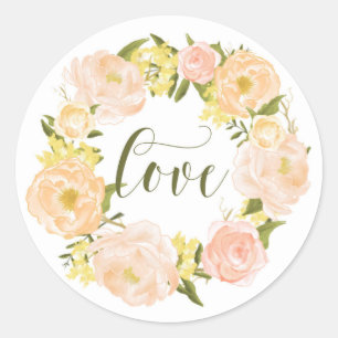Pastel Orange Peonies Wreath   Love Lettering Classic Round Sticker