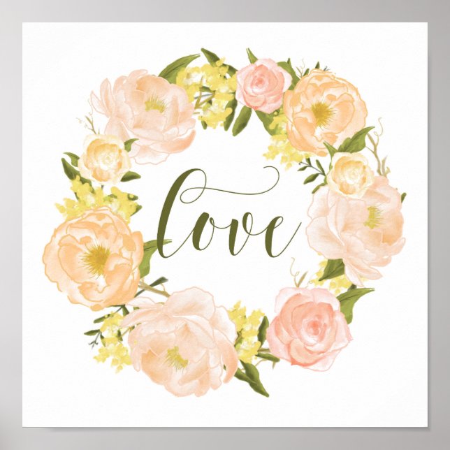 Pastel Orange Peonies Wreath | Love Lettering Poster (Front)