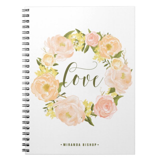 Pastel Orange Peonies Wreath | Love Lettering Spiral Notebook (Front)