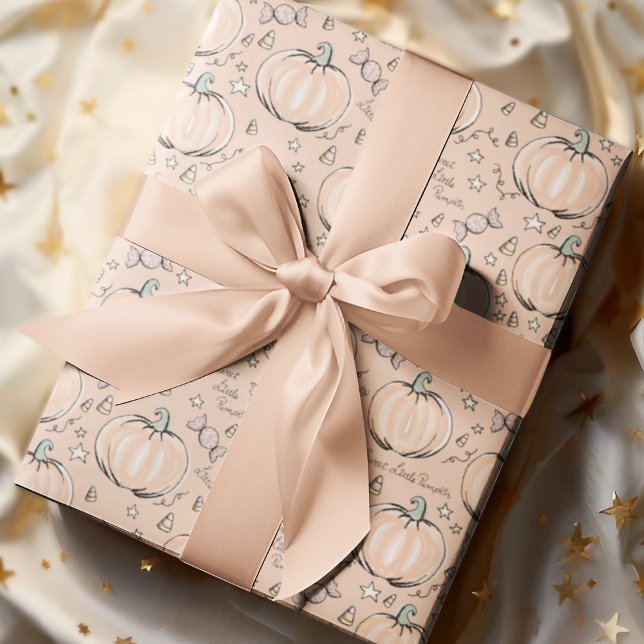 Pastel Orange Sweet Little Pumpkin Baby Wrapping Paper (Adorable Baby Halloween Illustrations Hand-drawn by Nathalie Portet. Soft Pastel Orange Background. )