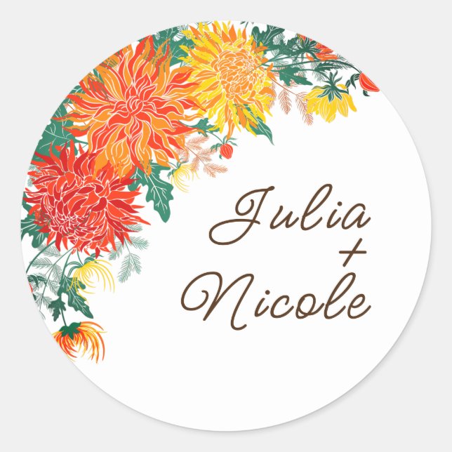 Pastel Orange Yellow Spring Dahlia Flowers Wedding Classic Round Sticker (Front)