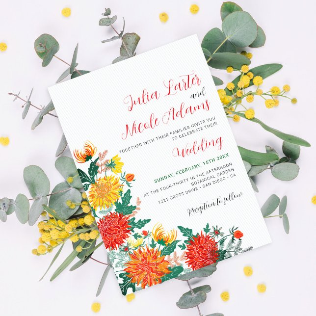 Pastel Orange Yellow Spring Dahlia Flowers Wedding Invitation (Creator Uploaded)