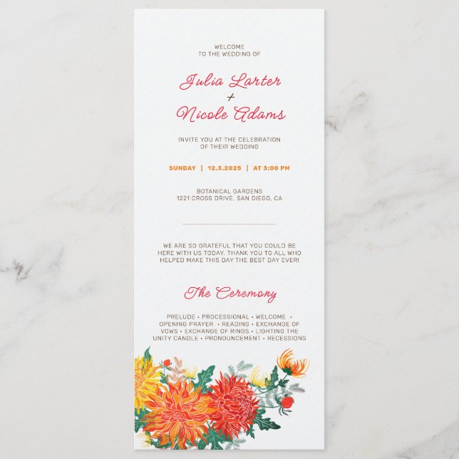 Pastel Orange Yellow Spring Dahlia Flowers Wedding Programme (Front)