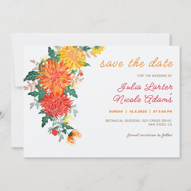Pastel Orange Yellow Spring Dahlia Flowers Wedding Save The Date (Front)