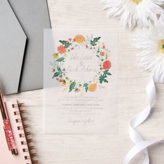 Pastel Orange Yellow Spring Dahlia Flowers Wedding Vellum Invitations (Wedding)