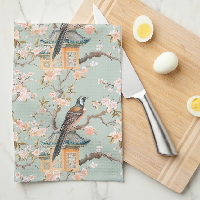 Pastel Oriental Bird and Fruit Blossoms Tea Towel (Quarter Fold)