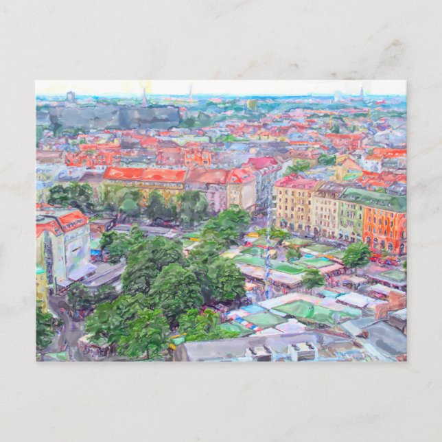Pastel paint of Munich Viktualienmarkt martket. Postcard (Front)