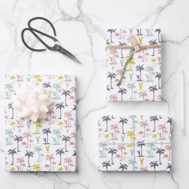 Pastel Palm Tree by the Beach Pattern Wrapping Paper Sheet (Front)