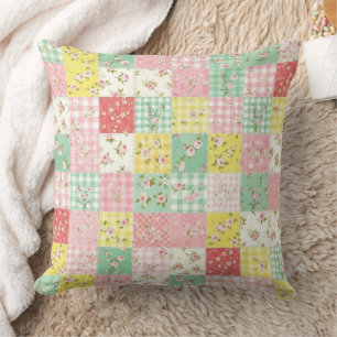 Pastel Patchwork Floral Gingham Vintage Cottage Cushion
