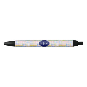 Pastel Patchwork Madras Navy Quatrefoil  Monogram Blue Ink Pen