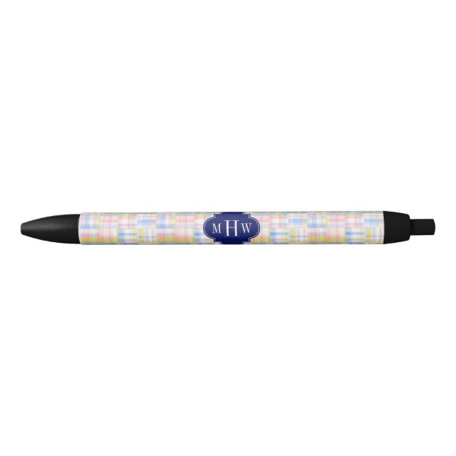Pastel Patchwork Madras Navy Quatrefoil  Monogram Blue Ink Pen (Front)