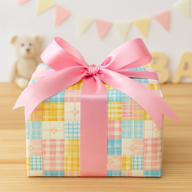 Pastel Patchwork Plaid Spring Wrapping Paper (Pretty pastel patchwork plaid with pink bow, perfect for baby girl shower)