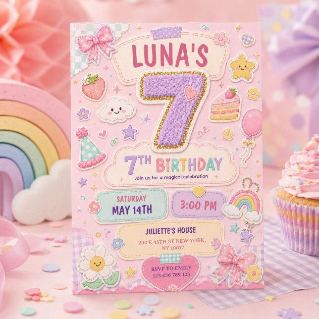 Pastel Patchwork Rainbow 7th Birthday Party Girl Invitation (Pastel Patchwork Rainbow 7th Birthday Party Girl Invitation
)