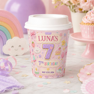 Pastel Patchwork Rainbow 7th Birthday Party Girl Paper Cups