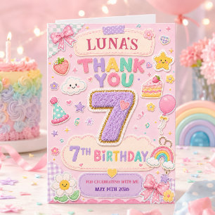 Pastel Patchwork Rainbow 7th Birthday Party Girl Thank You Card