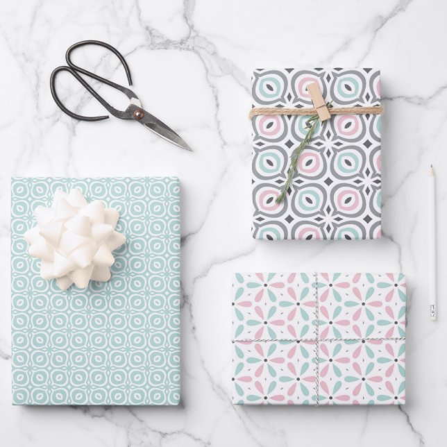 Pastel Pattern of Pink, Mint, Gray Geometric Shape Wrapping Paper Sheet (Front)