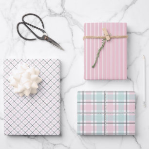 Pastel Pattern of Pink, Mint, Gray Plaid & Stripes Wrapping Paper Sheet