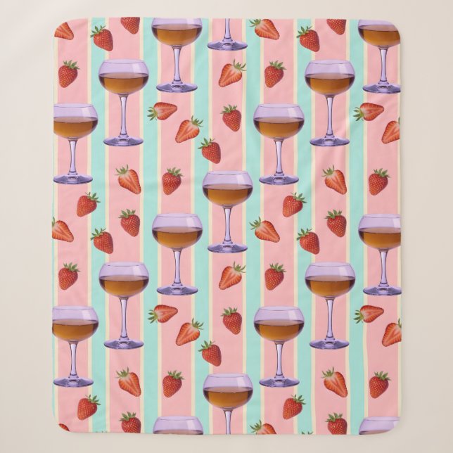 Pastel Pattern with Wine Glasses and Strawbefries Sherpa Blanket (Front)
