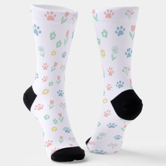 Pastel Paw Print and Flower Pattern Socks (Angled)