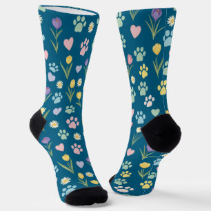 Pastel Paw Print and Hearts Floral Socks