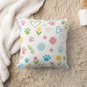 Pastel Paw Print and Hearts Throw Pillow