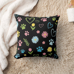 Pastel Paw Print and Hearts Throw Pillow