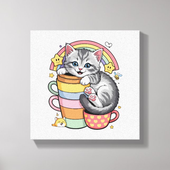 Pastel Paws & Rainbow Sips Canvas Print (Front)