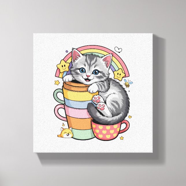 Pastel Paws & Rainbow Sips Canvas Print (Front)