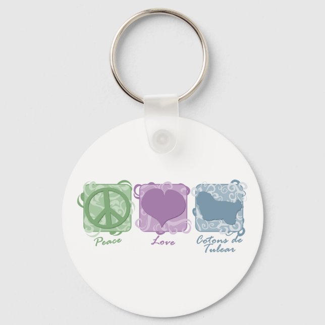 Pastel Peace, Love, and Cotons de Tulear Key Ring (Front)