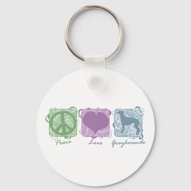 Pastel Peace, Love, and Greyhounds Key Ring (Front)