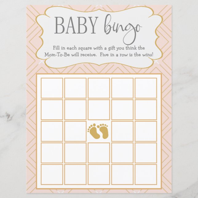 Pastel Peach and Gold Geometric Baby Bingo (Front)