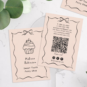 Pastel Peach Cupcake Bakery, Coquette & QR Code Business Card