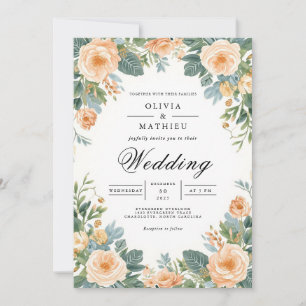Pastel Peach Floral Border Wedding Invitation