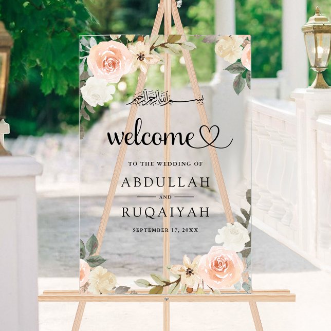 Pastel Peach Floral Muslim Wedding Welcome Acrylic Sign (Creator Uploaded)