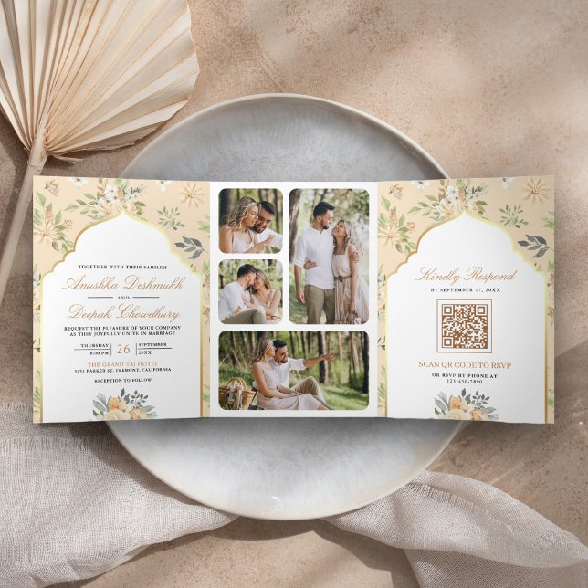 Pastel Peach Floral QR Code Indian Wedding Tri-Fold Invitation (Creator Uploaded)