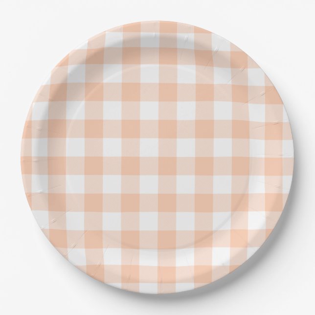 Pastel Peach Gingham Plaid Pattern Paper Plate (Front)