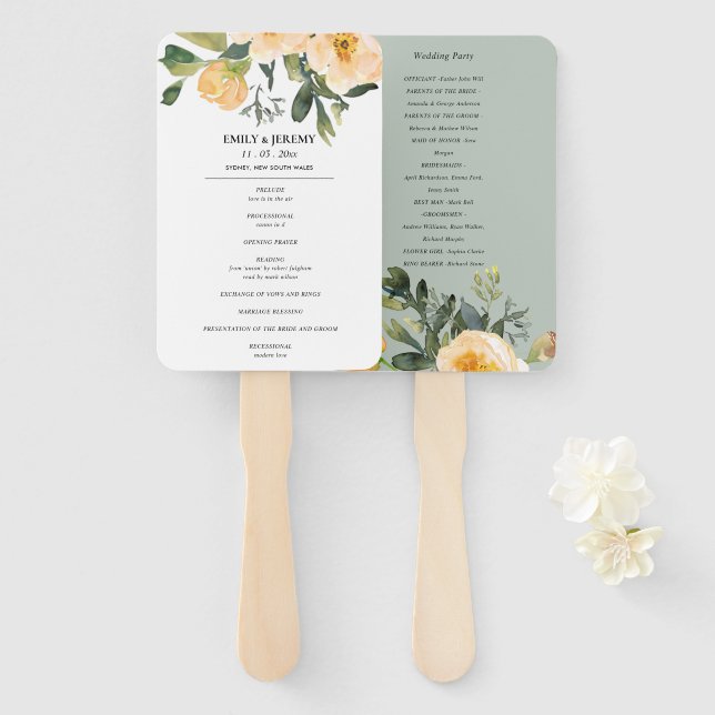 PASTEL PEACH GREY PEONY FLORAL WEDDING PROGRAM HAND FAN (Front and Back)