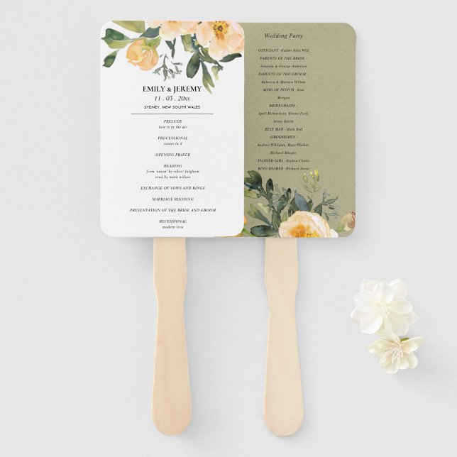 PASTEL PEACH KRAFT PEONY FLORAL WEDDING PROGRAM HAND FAN (Front and Back)