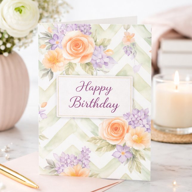 Pastel Peach Lavender Floral Sage Chevron Birthday Card (Creator Uploaded)