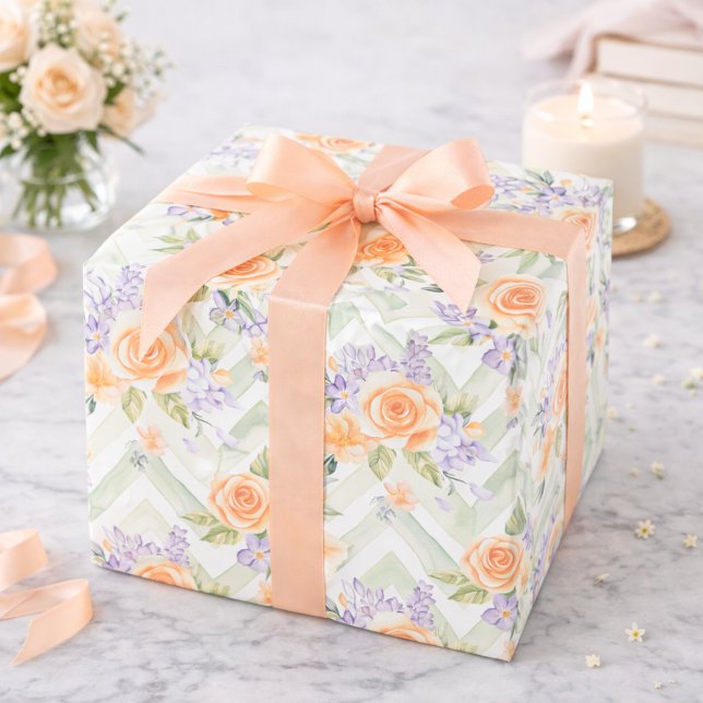 Pastel Peach Lavender Floral Sage Chevron Birthday Wrapping Paper (Creator Uploaded)