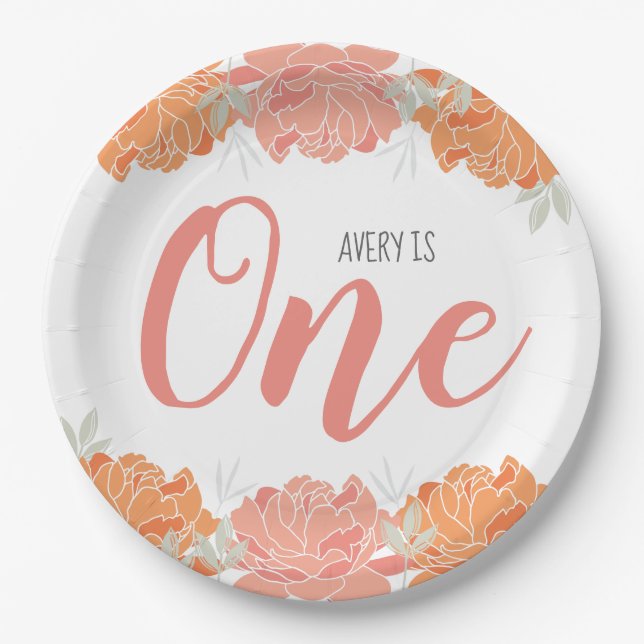 Pastel Peach & Orange Floral Baby's 1st Birthday Paper Plate (Front)