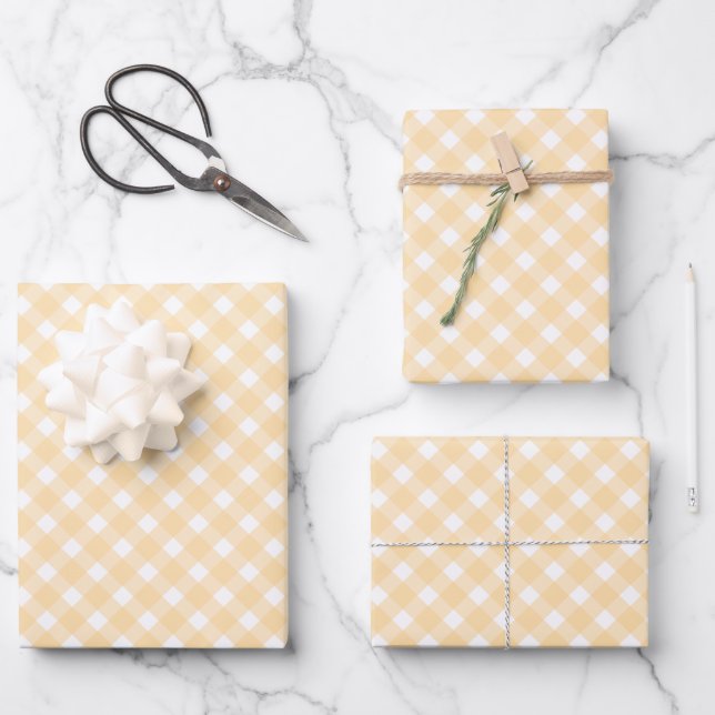Pastel Peach Orange Gingham Check Plaid Pattern Wrapping Paper Sheet (Front)
