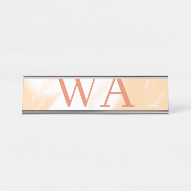 Pastel peach orange white monogram retro bold name desk name plate (Front)