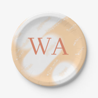 Pastel peach orange white monogram retro bold name paper plate