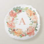 Pastel Peach Peonies Eucalyptus Wreath Monogram  Round Cushion<br><div class="desc">A whimsical botanical round pillow. It features watercolor floral wreath of pastel peach and ivory roses and peonies with eucalyptus and other greenery accents. Personalise this floral wreath pillow by adding a monogram. This peony wreath pillow is perfect as a personalised gift.</div>