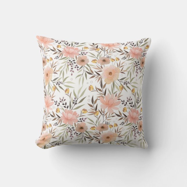 Pastel Peach Pink Olive Watercolor Floral Pattern Cushion (Front)