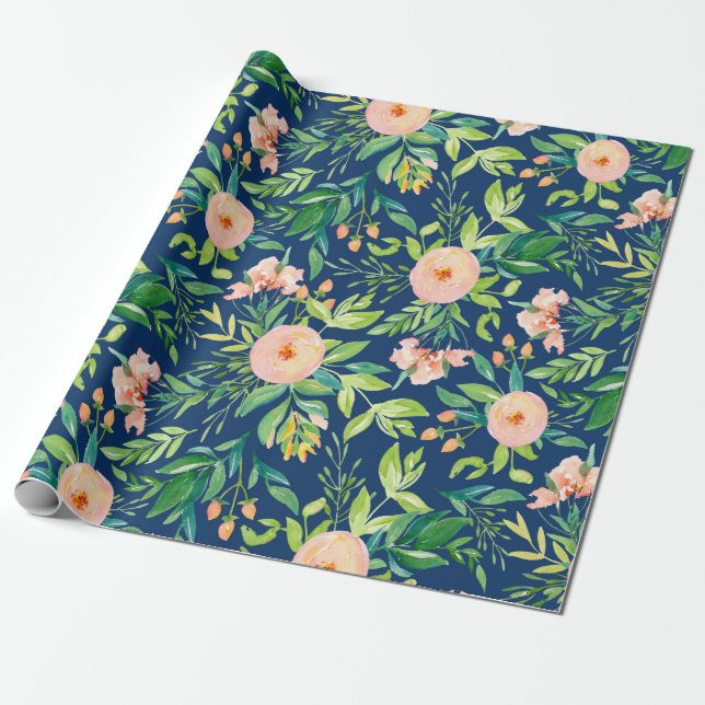 Pastel peach & pink spring flowers pattern wrapping paper (Unrolled)
