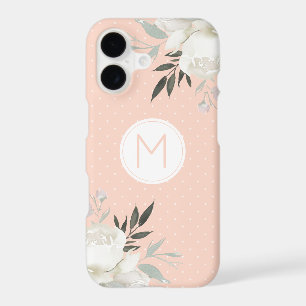 Pastel Peach Polka Dot White Rose Floral Monogram